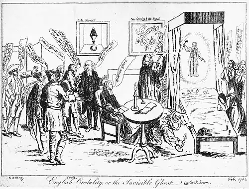 Le dessin montre un lit à la gauche. Un fantôme brandit un marteau au-dessus de deux enfants dormant dans le lit. Un ecclésiastique regarde sous le lit avec une bougie. À la gauche du lit se trouvent des gens échangeant des commentaires qui apparaissent dans des phylactères. À la droite du lit, plusieurs femmes sont en prières.