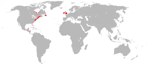 mappemonde avec en rouge les colonies anglaises au début du siècle