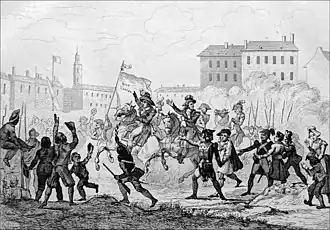 Dessin représentant Charette et plusieurs officiers à cheval faisant leur entrée dans la ville de Nantes, acclamés par les habitants.
