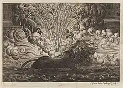 Une gravure avec un lion dans l'eau et un feu d'artifice