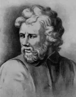 Dessin d'un homme barbu regardant par dessus son épaule droite.
