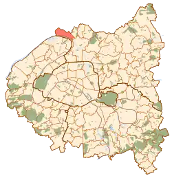 Carte de la petite couronne parisienne, avec le territoire d'Épinay-sur-Seine en rouge.