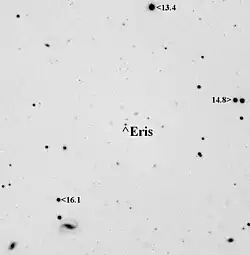 Devant un fond blanc, de nombreux objets noirs sont visibles. Eris est pointée par une flèche.