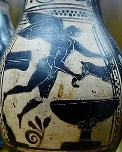 Eros en vol tenant un lièvre, olpé à figures noires (début Ve siècle av. J.-C.).