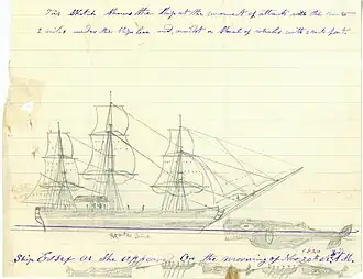 Photographie d'un dessin d'un carnet de voyage représentant un trois-mâts sur l'eau, face à un cachalot.