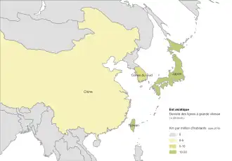 Densité du réseau LGV. Est Asiatique (vitesse ≥ 250&nbsp;km/h). En km par million d'habitants (2010).