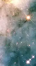 Le voisinage turbulent autour de l'étoile η Car est sculpté par ses forts vents stellaires (Par le télescope spatial Hubble).