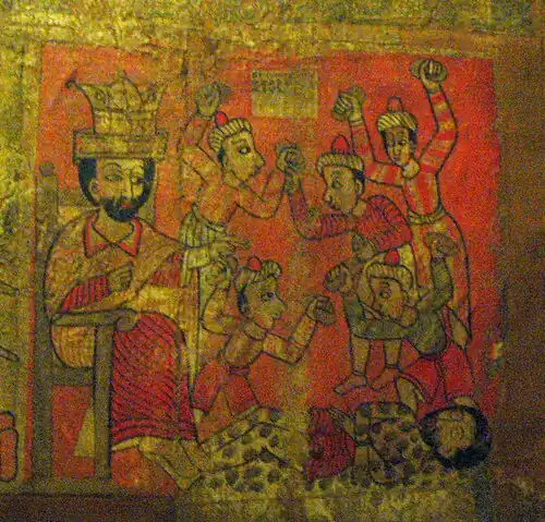 Musée du Quai Branly - Jacques-Chirac, Lapidation d'un martyr, fresque provenant de l'église Abba Antonios de Gondar où Gaston-Louis Roux a peint la reproduction en août 1932