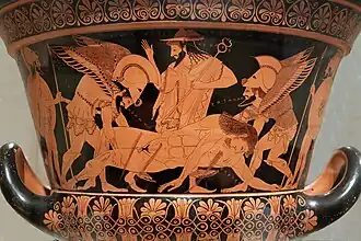Le corps de Sarpédon emporté par Hypnos et Thanatos (le Sommeil et la Mort), sous le regard d'Hermès. Face A du « cratère d'Euphronios », cratère en calice attique à figures rouges signé par Euxithéos (potier) et Euphronios (peintre), v. 515 av. J.-C.