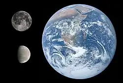 La Lune est représentée au-dessus de Io, la Terre à droite des deux. Io et la Lune ont environ la même taille.