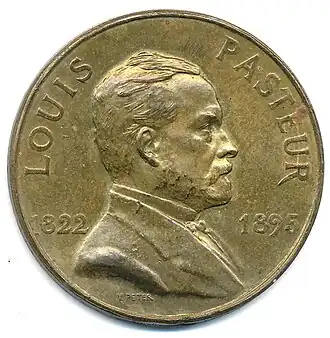 Monnaie de 1/10e d'Europa, portrait de Louis Pasteur (1928), bronze, 32 mm.