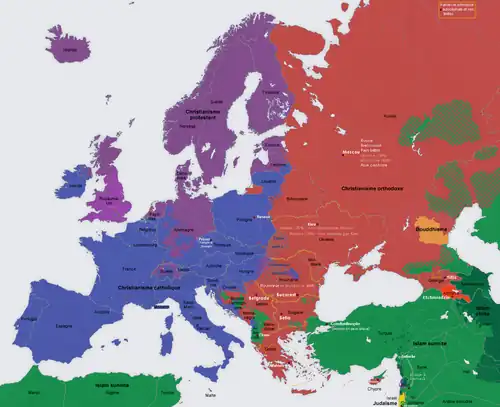 Traditions religieuses dominantes (« tradition » ne signifie pas forcément « pratique » ni même « croyance »). Bleu : christianisme catholique. Rouge : christianisme orthodoxe. Violet : christianisme protestant. Vert clair : islam sunnite. Vert foncé : islam chiite. Jaune : présence significative du judaïsme. Orange : bouddhisme.