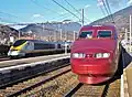 Vue des TGV 'Neige' Eurostar et Thalys à la gare d'Albertville