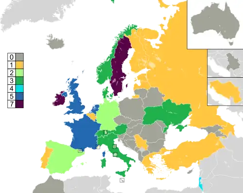 Carte visualisant le nombre de victoires par pays.