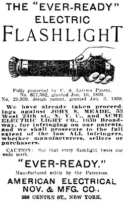 Le brevet 617.592 de Misell , une publicité de 1889 ; une lampe de poche de 1899.