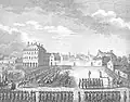  Gravure représentant de loin, des soldats en rangs sur la place d'une ville et Charette peu avant son exécution.