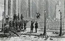 Dessin montrant un homme agenouillé sur le parvis d'un monument, le bras tendu, alors que des soldats le mettent en joue.