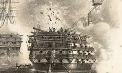 Coup au but sur la dunette du Ville de Paris en 1854. Jusqu’à la fin de la marine de guerre à voile, le commandant doit s’exposer aux tirs ennemis sur sa dunette.