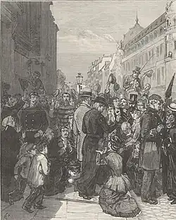 Dessin monochrome représentant un jésuite au bras d'un homme en costume traversant la foule qui encourage et prie. On peut également distinguer des policiers.