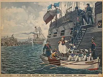 Un homme en costume traditionnel attrape une échelle pour passer d'un canot blanc à un grand navire de couleur sombre. Une femme éplorée est assise dans le canot, un officier debout derrière elle.