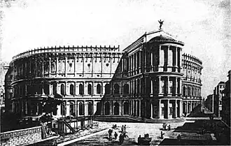 En noir et blanc: façade d'un théâtre circulaire à 2 étages garnis de colonnes