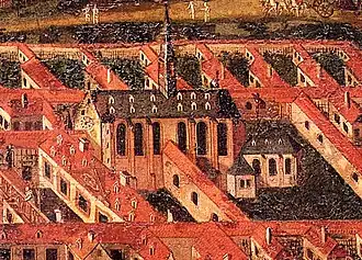 Détail de peinture montrant une église assez haute dans une ville.