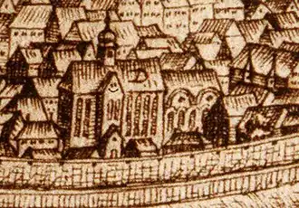 Extrait de gravure montrant une église assez haute dans une ville.