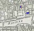 Extrait du plan de Nicolas de Fer de 1676 avec la rue de l'Oratoire, en rouge, à côté de l'église des pères de l'Oratoire, en bleu, après l'agrandissement du Louvre.