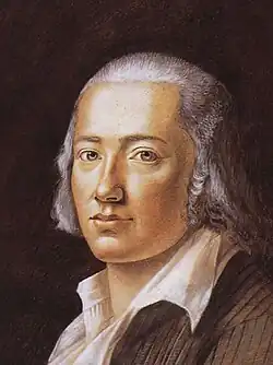  Buste d'homme de trois quart orienté à gauche et observant le spectateur. Il porte une perruque blanche, une chemise blanche et un vêtement sombre. Le fond est sombre et neutre.