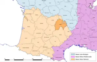 Localisation du département du Cantal sur la carte des bassins hydrographiques français.