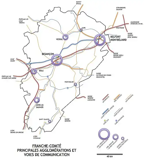 carte de la Franche-Comté présentant les principales aires urbaines et les voies de communication de la région