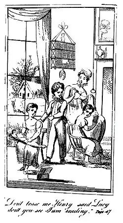 Frontispice d'un ouvrage du XIXe&nbsp;siècle, représentant des enfants qui jouent devant leur mère.