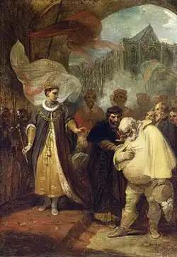 Gros homme, tête basse devant le jeune roi