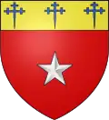 Famille Binet :  De gueules à l'étoile d'argent, au chef d'or chargé de trois croisettes potencées au pied fiché d'azur.