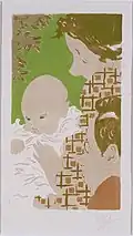 Lithographie en couleur figurant une mère tenant son nourrisson sur lequel se penche également le père.
