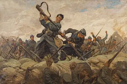 Un assaut de soldats français attaquant avec des baïonnettes une tranchée allemande pendant la Première Guerre mondiale