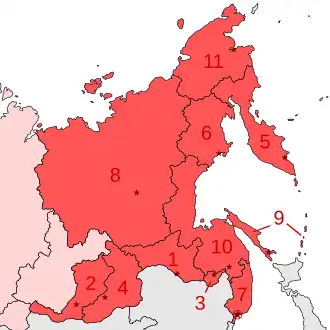 Carte du district fédéral extrême-oriental présentant le découpage en sujets fédéraux