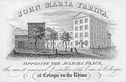 Carte de visite en anglais datant du début du XIXe&nbsp;siècle de John Maria Farina, fabricant d'eau de Cologne.