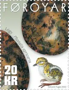 Timbre représentant des œufs et un poussin de Pluvier doré.