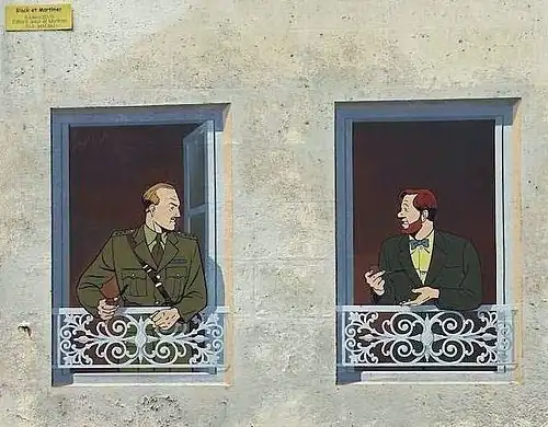 Fresque murale en trompe-l'œil montrant deux personnages.
