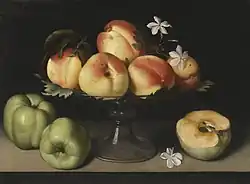 Plat en verre aux pêches, fleurs de jasmin et pommes, 1607