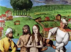 Martyre de Felix et Regula (au centre) ainsi que de leur serviteur Exuperantius derrière eux, en fond la place du Lindenhof (peinture par Hans Leu l'Ancien, fin du XVe&nbsp;siècle).