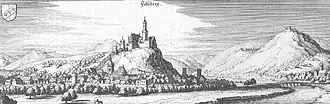 Gravure de Topographia Germaniae par Matthäus Merian le jeune avec Felsberg au centre, Heiligenberg à droite, à l'avant, et la chartreuse d'Eppenberg à droite, à l'arrière, 1655.