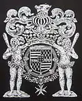 Fer de Reliure du Duc Charles Ier de la Vieuville L'écu est entouré des colliers des ordres royaux, il est soutenu par deux sauvages velus, une massue sur l'épaule ; il est sommé d'une large couronne de marquis que surmonte un énorme casque avec ses lambrequins et une hure de sanglier pour cimier.