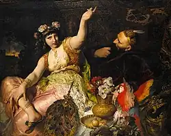 Femme bras levé, richement habillée, sur couche avec coupes de fruits, perroquet, éventail de plumes de paon ; derrière, visage d'homme en profil.