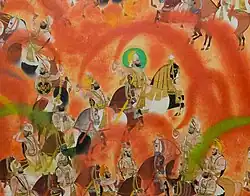 Le Maharana du Mewar Swarup Singh célébrant Holi avec sa cour. Détail d'une miniature du XIXe siècle conservée au City Palace d'Udaipur, Rajasthan.