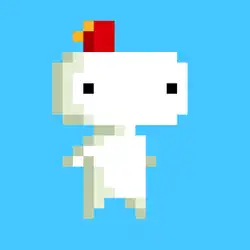 Dessin en 2D pixellisé d'un bonhomme à la silhouette très simple, de couleur blanche, sans nez ni bouche et qui porte un petit couvre-chef rouge et jaune.