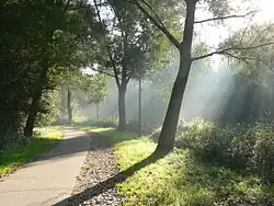 En campagne, le vélo est l'un des moyens de transport les plus utilisés. Ici, une piste cyclable à Diepenbeek.