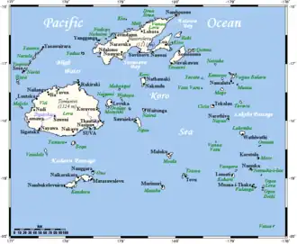 Carte des Fidji avec la mer de Koro au centre.