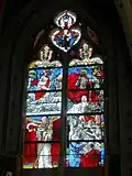 Verrière n° 2 - saint Christophe, Résurrection, saint Benoît, Saintes Femmes au tombeau.